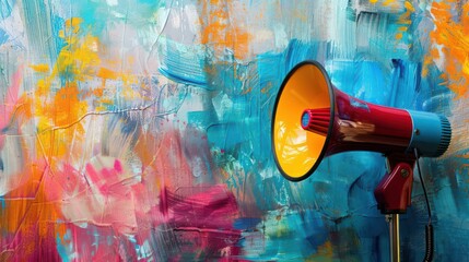 A vibrant megaphone against a colorful abstract background, symbolizing communication and creativity in an artistic setting.
