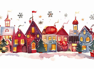 Fototapeta premium Festive Christmas Village in Winter. Illustration of a festive Christmas village with colorful houses, decorated trees, and snowflakes in a snowy winter scene. 