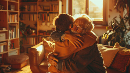 Fototapeta premium Heartwarming Moment of Grandfather and Grandchild Embracing in Sunlit Cozy Living Room