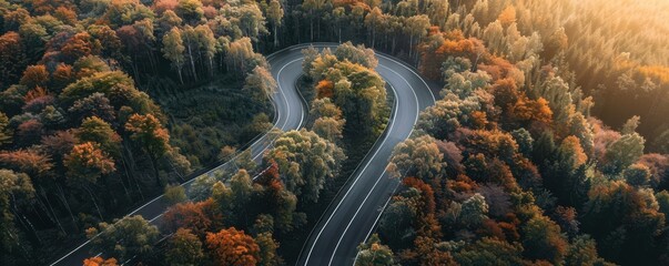 Breathtaking aerial view of a winding road through vibrant autumn forest showcasing nature's beauty and tranquility.