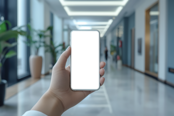 Hand holding smartphone with transparent png screen in modern office corridor