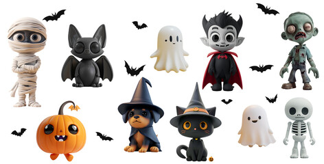 Obraz premium Halloween Set Collection: Cute and Funny Vampire, Dracula, Skeleton, Skull, Cat, Dog, Pumpkin, Witch Hat, Bat Silhouette, Mummy, Zombie. 3D Illustration for Kids’ Halloween Party.