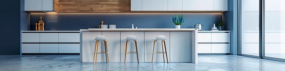 Modern Japanese Minimalist Kitchen: Sleek White and Blue Design with Wooden Accents, Island, and Resin Flooring. Elegant 4K Wallpaper Showcasing Contemporary Aesthetics, Clean Lines, and Zen-inspired 