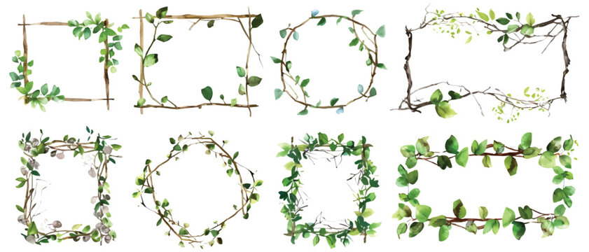 Set of frame border floral tree branches form rectangle shape rustic arch hand drawn watercolor design resources elements