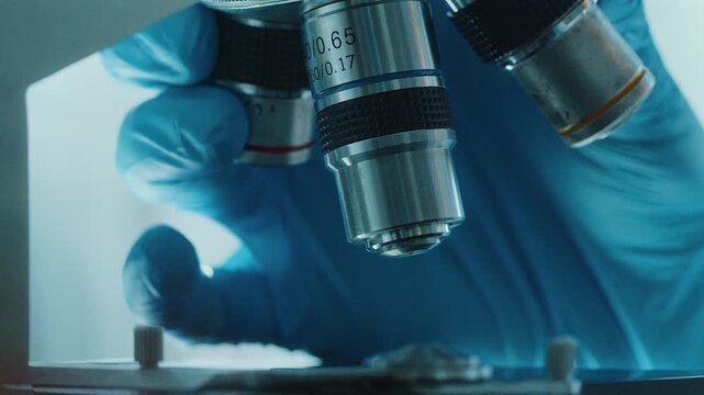 Gloved hand adjusting microscope lens in laboratory, setting focus on specimen during scientific research in laboratory. Extreme close-up view