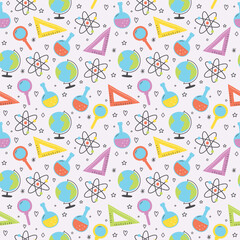 School background with cute cartoon icons. Seamless pattern. Vector illustration