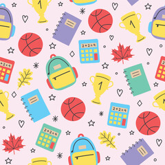 School pattern with hand drawn elements. Seamless background design. Vector illustration