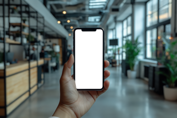 Hand holding smartphone with transparent screen in modern office environment