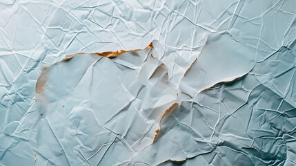 Fototapeta premium Close-up of a crumpled and torn piece of light blue paper showing multiple wrinkles and large tears revealing a different texture beneath.