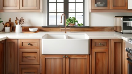 Fototapeta premium A cozy kitchen with wooden cabinets, a farmhouse sink, and vintage appliances, with copy space, high-resolution photo, realistic photo, hyper realistic