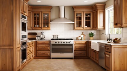 Fototapeta premium A rustic kitchen with wooden cabinets, vintage appliances, and a large farmhouse sink, with copy space, high-resolution photo, realistic photo, hyper realistic