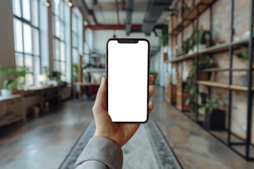Hand holding smartphone with transparent png screen in modern office setting
