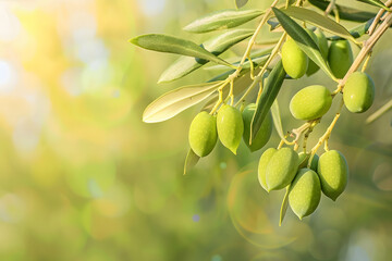 Green olives hanging from an olive tree in the foreground,blurry background of olives farm and green olives fields,with copy space for text.