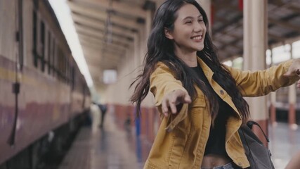 Heartwarming reunion of friends at a busy train station platform, capturing genuine emotions and friendship