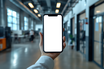 Hand holding smartphone with transparent png screen in modern office setting