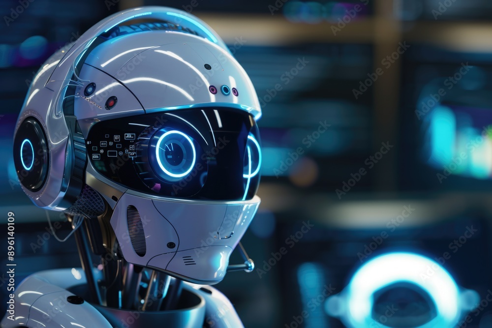 Poster close-up shot of a robot with a helmet, details on its mechanical face and equipment