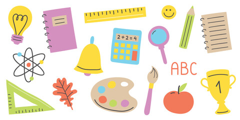 Back to School set with cartoon icons. Supply elements. Vector illustration