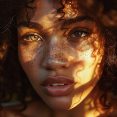 Realistic Portrait of a Young Black Woman with Beautiful Eyes and Sun-Kissed Curly Hair in Golden-Hour Light
