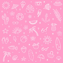 Cute hand drawn summer icon set. Background with holiday elements. Vector illustration
