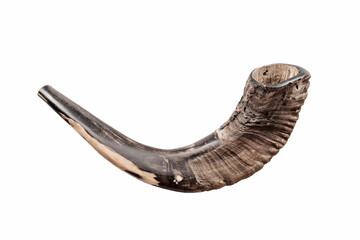 Shofar horn isolated on white background. Ancient musical horn typically made of a ram's horn, used for Jewish religious purposes. Blowing of the shofar - ritual performed by Jews on Rosh Hashanah