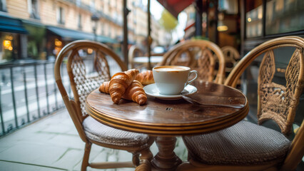 Happy Friends having brunch together at a cafe in Paris France. Group of young people drinking coffee and eating fresh croissant .