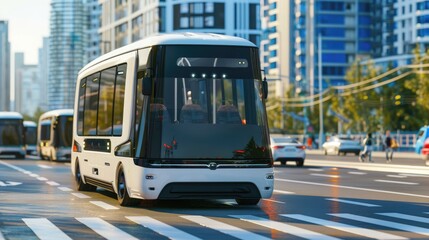 Fototapeta premium A network of self-driving electric buses navigating through city streets, reducing traffic congestion and emissions.