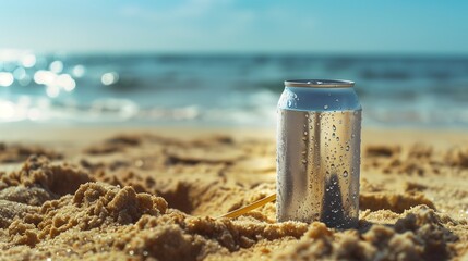 Aluminum can standing on a sandy beach. Drops of water are visible on the can, indicating its coldness. The ocean is blurred in the background with soft waves and bright sunlight.
