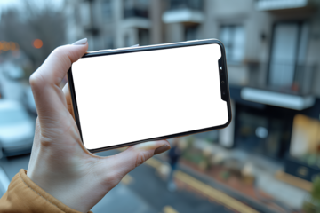 Hand holding smartphone with transparent png screen in urban setting