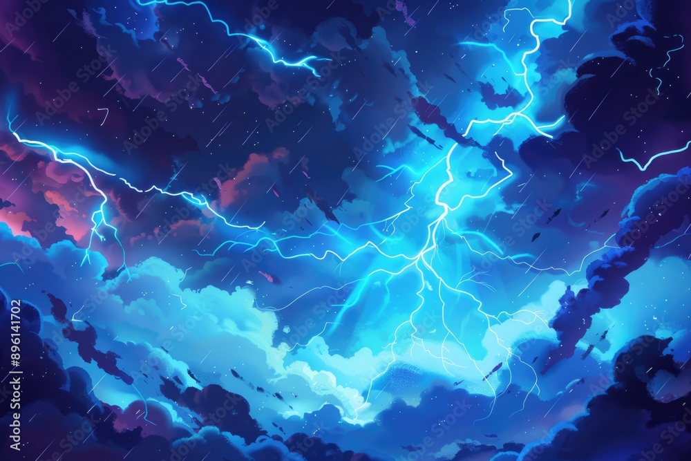Poster a powerful thunderstorm with bright lightning and dark clouds