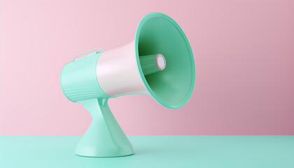 Megaphone speaker in pastel green-pink colors on green table and pink wall.