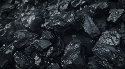 Pieces of coal close-up. The texture of coal is expressed in detail, the surface is shiny and uneven. The stones lie tightly together, giving the impression of a mass of black coal.