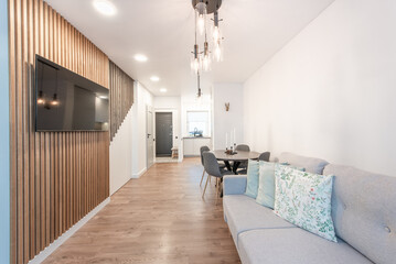 Luxury Living Room Interior. Modern Wide TV Screen. Sofa, Table Chairs and LED Light on the Ceiling.