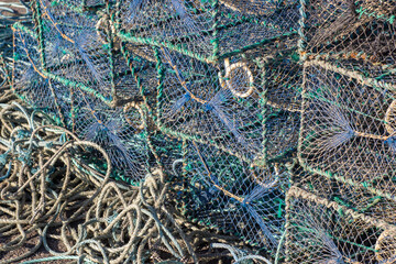 nasses de pêche, cordes, cordage, filets de pêche, chalutier, bateau de pêche, bateau, pêche, navire, filets, nasses, pont, mer, eau, port, industrie, métier, pêcheur, matériel, filet, nasse, poissons