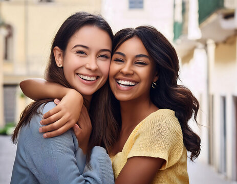  Two Young Women Hugging and Smiling- Two happy young women, one of diverse background, hugg_1(324)
