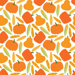 Pumpkins and corn seamless pattern. Autumn harvest vegetables on white background. Farm harvest vector illustration