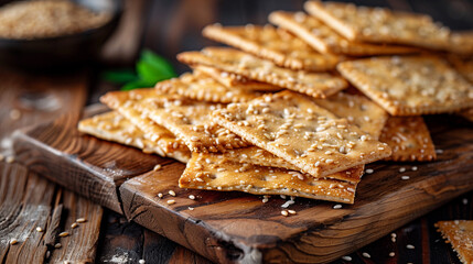 homemade crackers with sesame seeds, elegantly arranged on a wooden serving board