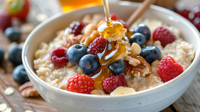 hearty bowl of oatmeal topped with fresh fruits, nuts, and a drizzle of honey
