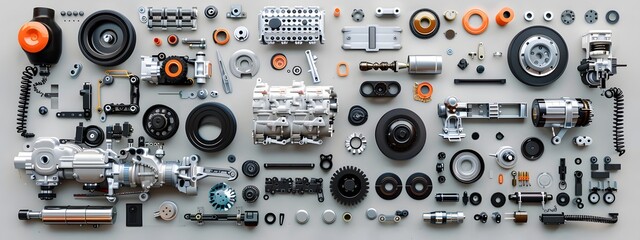 Automotive Essentials. Collection of various car parts in a realistic setting concept