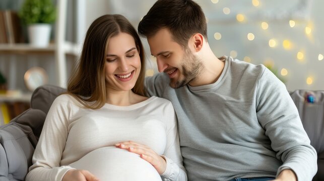 A joyful expectant couple sitting together, smiling and holding the woman's pregnant belly, sharing a loving moment. - Powered by Adobe