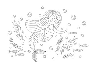 Coloring page with a little mermaid. Childrens cute magic character. Vector illustration of fairy tale undersea life