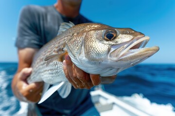 A man proudly holding a large fish on a boat, with the ocean and blue sky in the background.