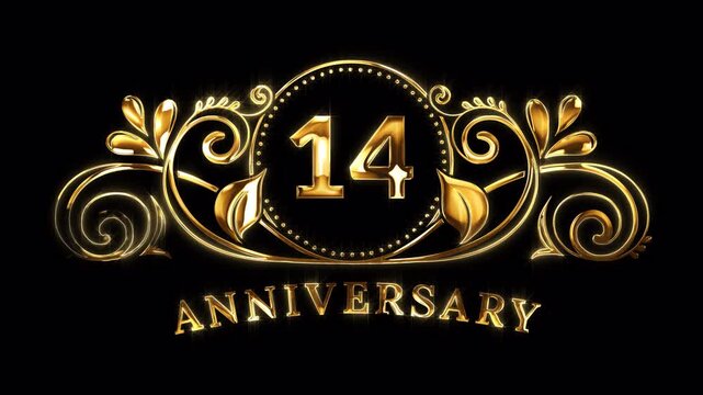 14th Anniversary Celebration. Happy 14 Years Anniversary Animation in Gold Color on the Transparent Background, Alpha Channel. Great for greetings, celebrations, events, and gifts.