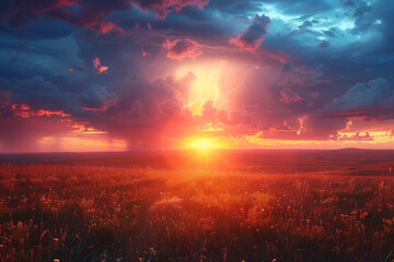 Obraz premium Heat Lightning Display Over a Prairie at Twilight: Nature's Light Show