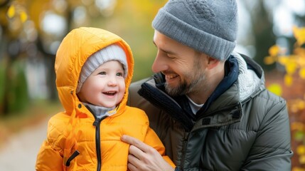 A father and his toddler share a joyful moment outdoors in autumn, both dressed warmly and smiling brightly.
