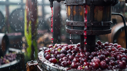 Traditional Wine Press with Fresh Grapes in Rainy Vineyard Setting, Close-Up of Juicy Grapes and Wooden Barrel