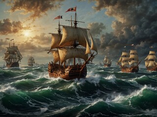 Obraz premium A 16th-century naval battle with sailing ships engaging in combat, and rough seas.