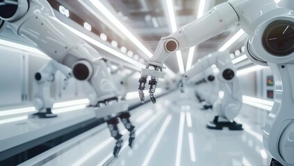High-Tech Intelligent Factory with Robotic Arms Operating Electronic Products on Production Line, White Walls and Light Colors, High Definition Photography, Wide-Angle Lens, Bright Lighting