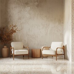 Modern Japanese-Inspired Living Room: Minimalist Elegance with Two Armchairs on Terrazzo Floor. Sleek Interior Design Featuring Clean Lines, Neutral Tones, and Plaster Walls. Sophisticated 4K Wallpape