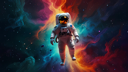 Obraz premium illustration background that features an astronaut floating through a vibrant, otherworldly nebula, with swirling colors and abstract shapes 