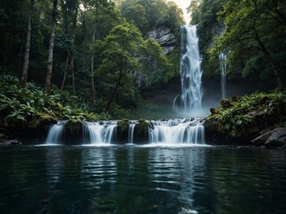 Naklejka premium A fantasy waterfall with sparkling fish swimming in the water, and a dense forest in the background.